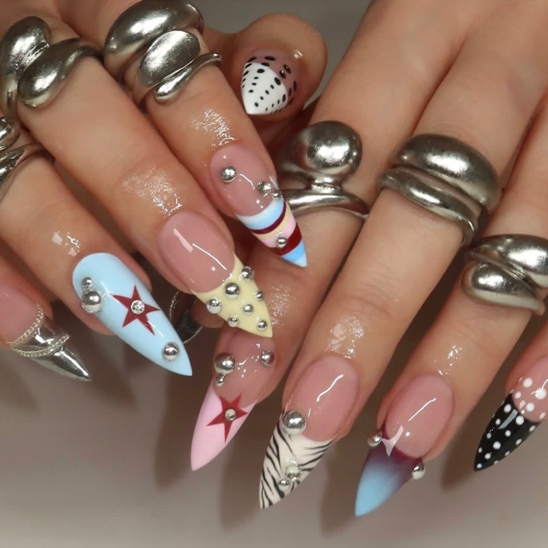 Nail Art Zebra - 24PCS Kuku Palsu Stiletto Panjang Y2k