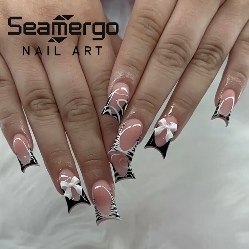 Nail Art Zebra - 24PCS Kuku Palsu Hitam Sederhana Model